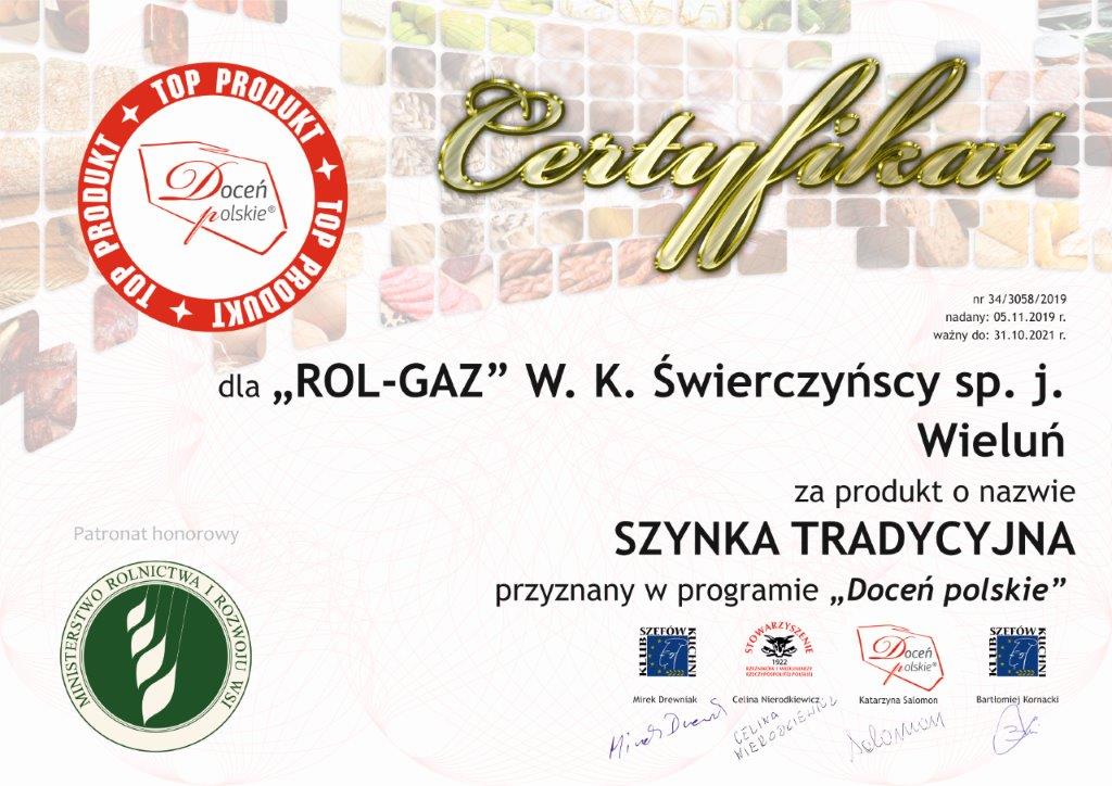 Certyfikat Doceń polskie dla naszej szynki tradycyjnej - Masarnia Brzozowiec